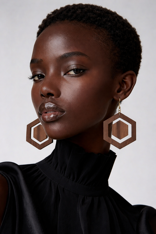 Hexagon Walnut Earrings