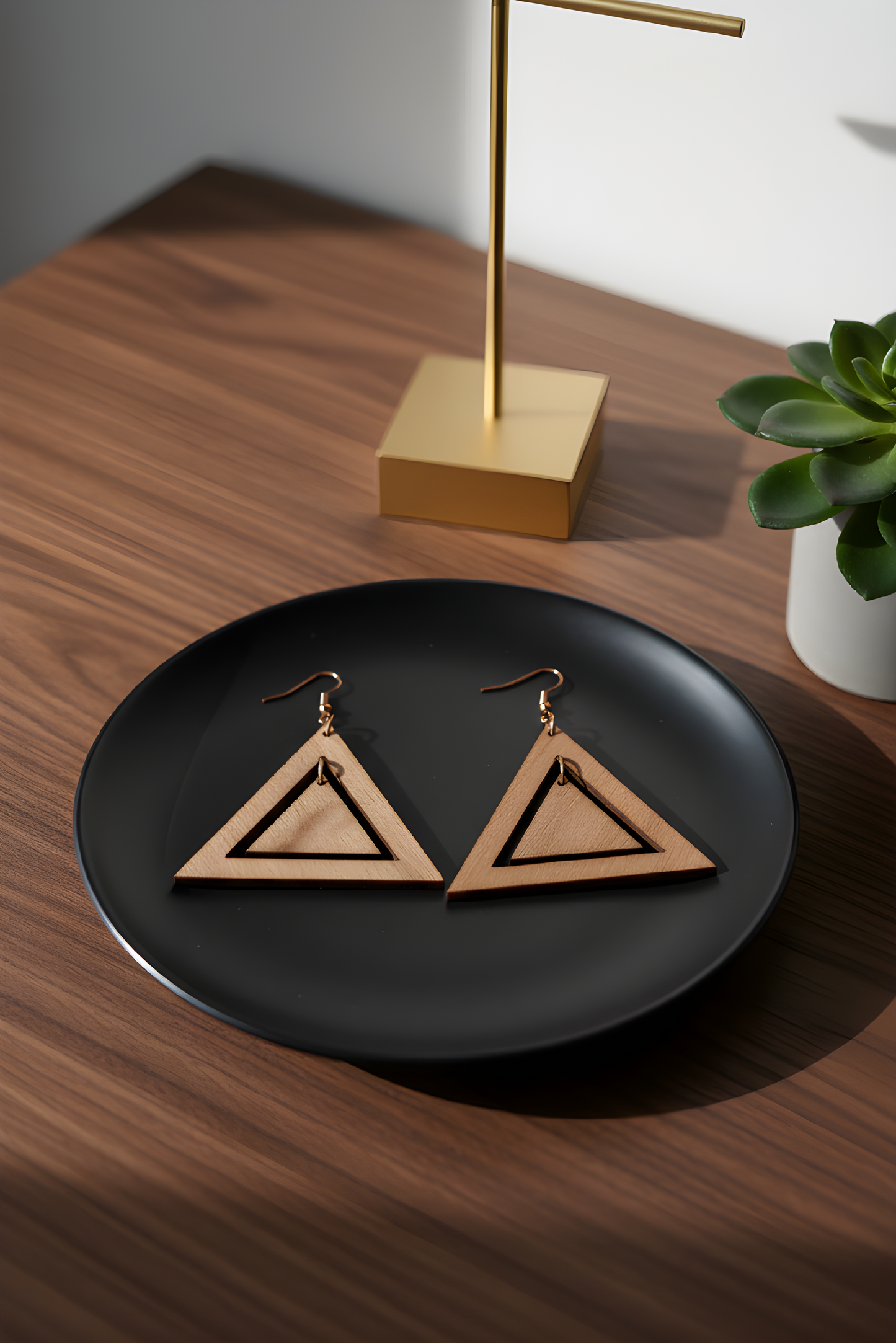 Traingle Up Walnut Earring